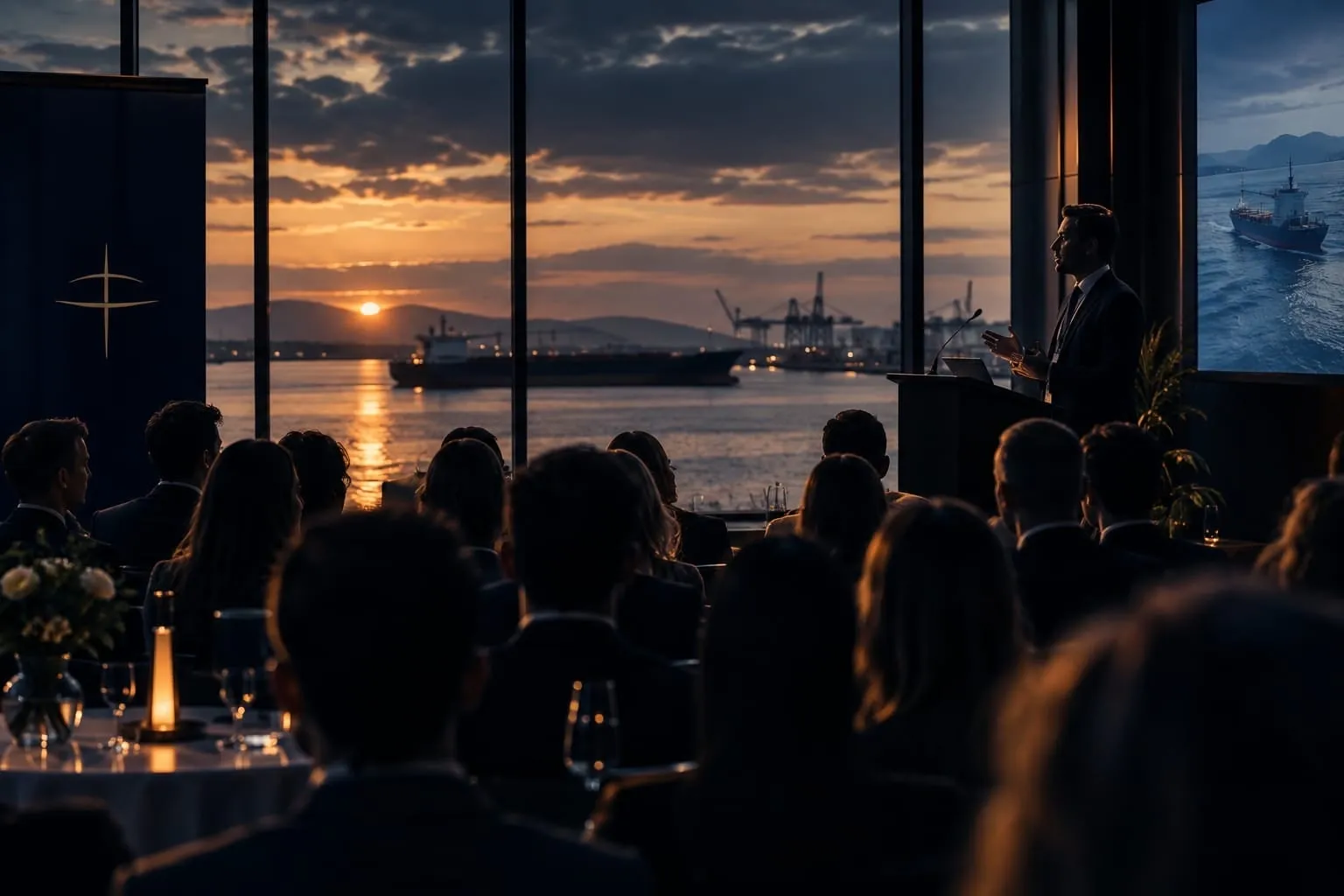 A guest speaker addressing an audience at a harbourside event at sunset, a container ship crossing the water beyond the window.