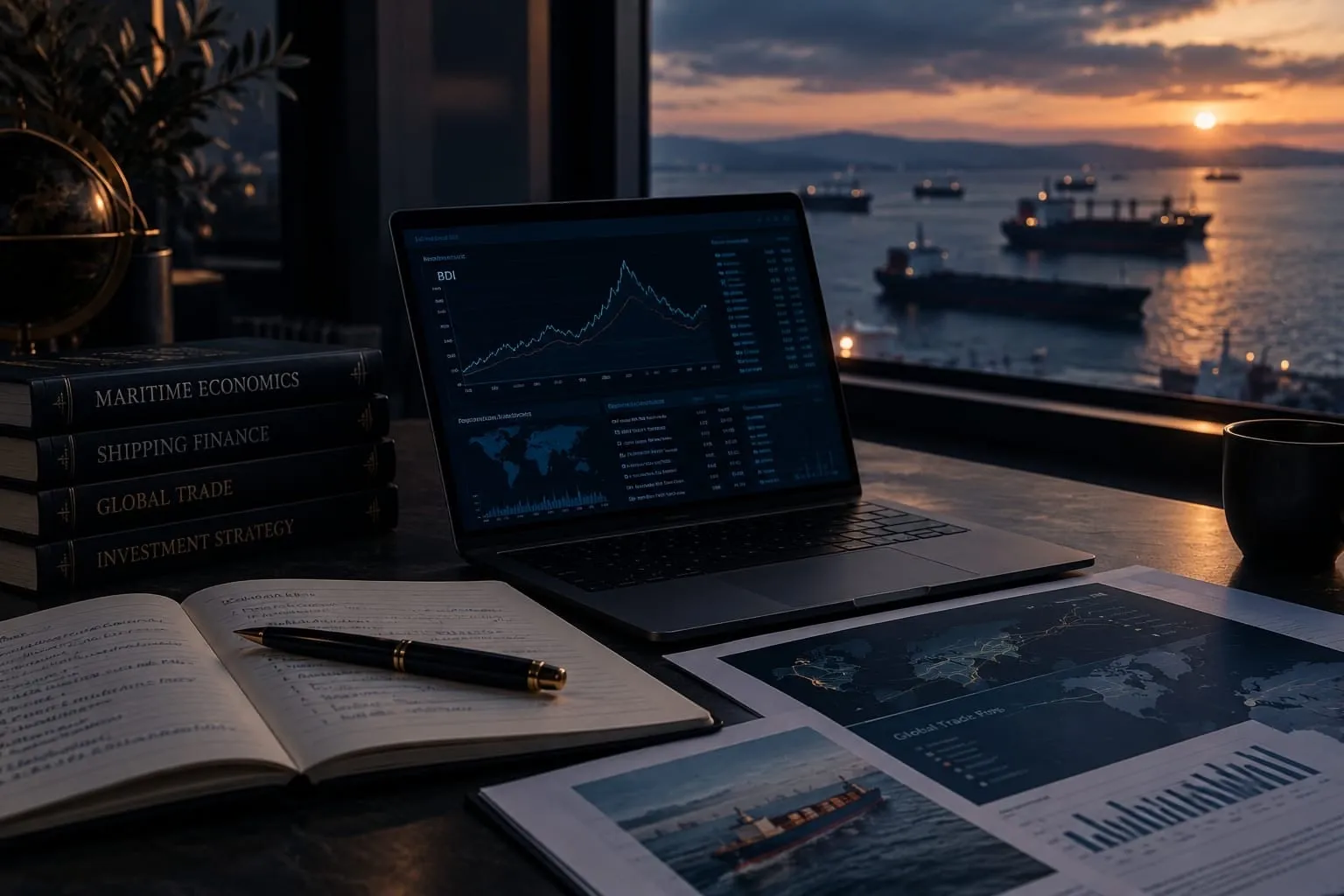 A laptop showing a freight rate index chart, next to books on maritime economics, shipping finance and global trade, and a printed trade-flow map.